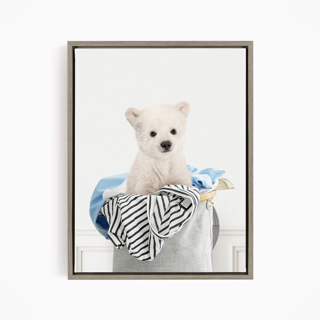 Polar Bear Cub in Laundry Basket - Simple White Wall
