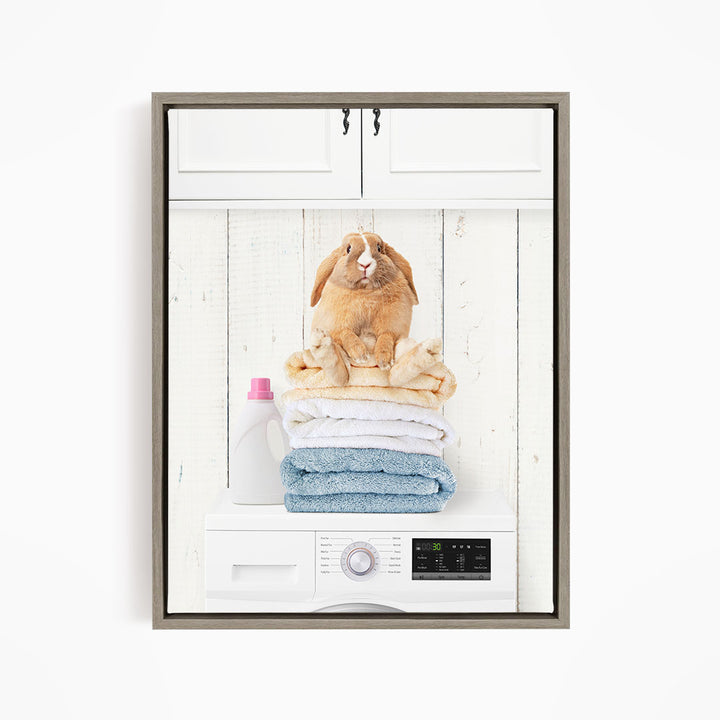 Pudgy Bunny on Folded Towels on Washing Machine - Farmhouse Wall