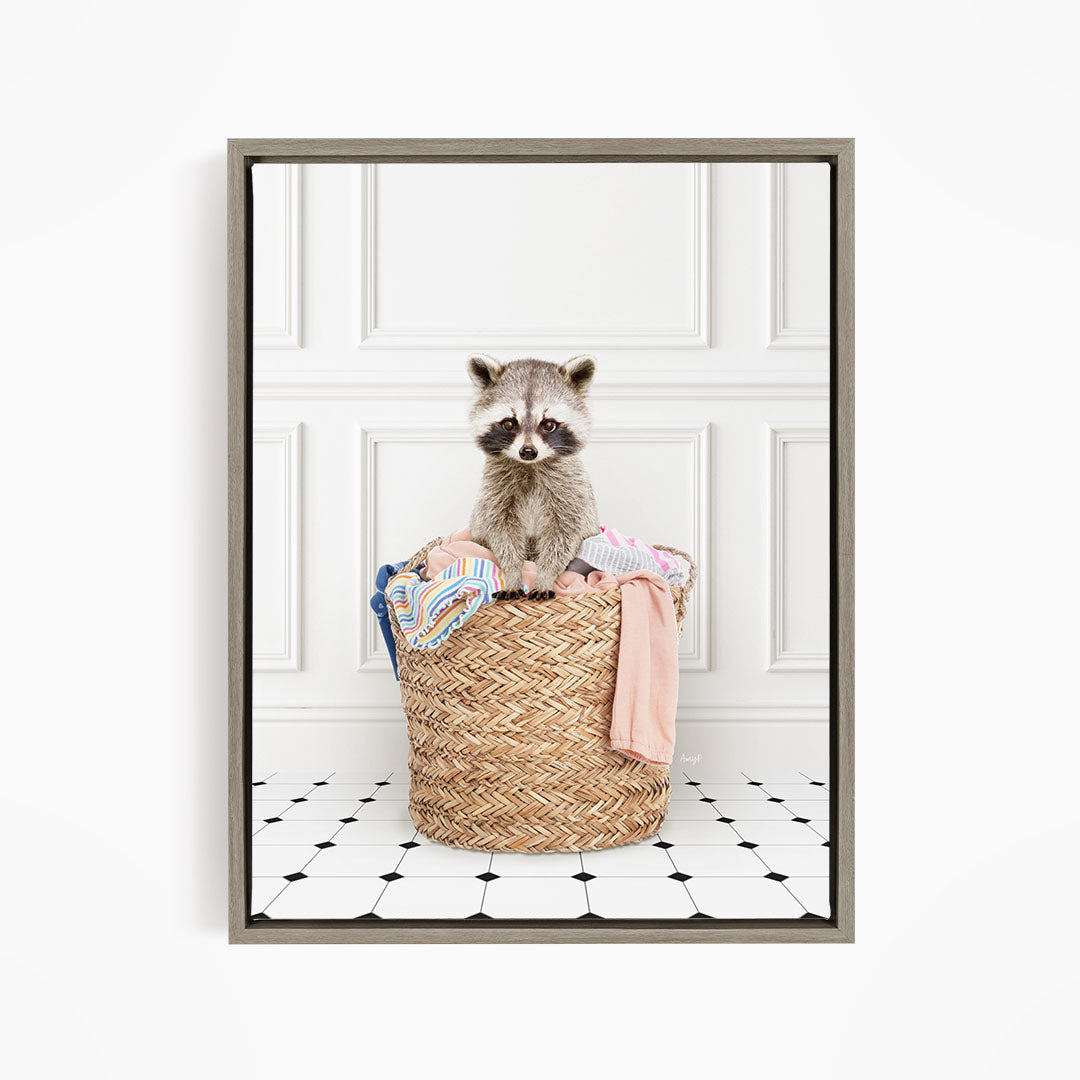 Raccoon in Laundry Basket - Classic White Floor