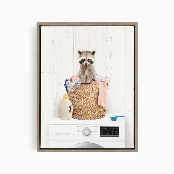 Baby Raccoon in Laundry Basket on Washing Machine - Farmhouse Wall