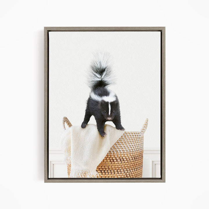 Skunk in Laundry Basket - Simple White Wall