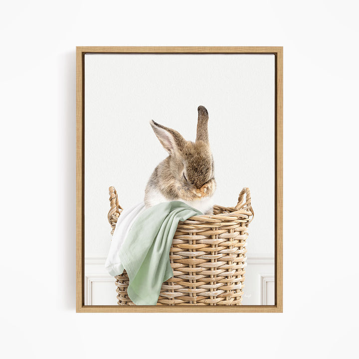 Bashful Bunny in Laundry Basket - Simple White Wall