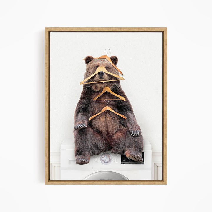 Bear Wearing Clothes Hangers on Washing Machine - Simple White Wall