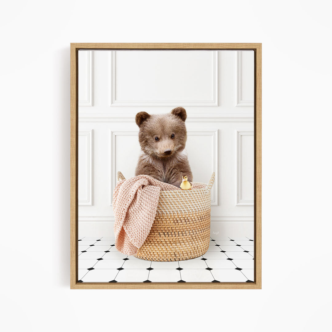 Bear Cub in Laundry Basket - Classic White Floor