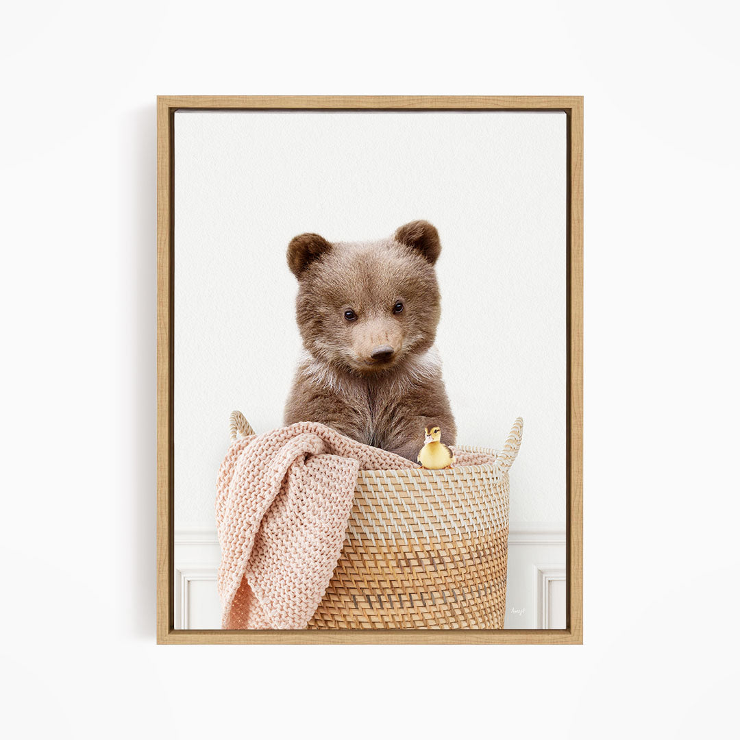 Bear Cub in Laundry Basket - Simple White Wall