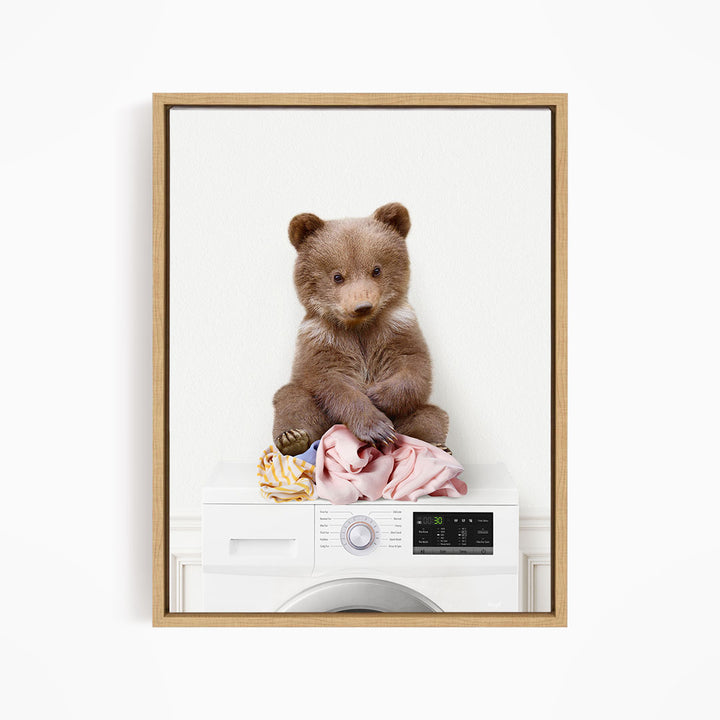 Bear Cub on Laundry Clothes Pile On Washing Machine - Simple White Wall
