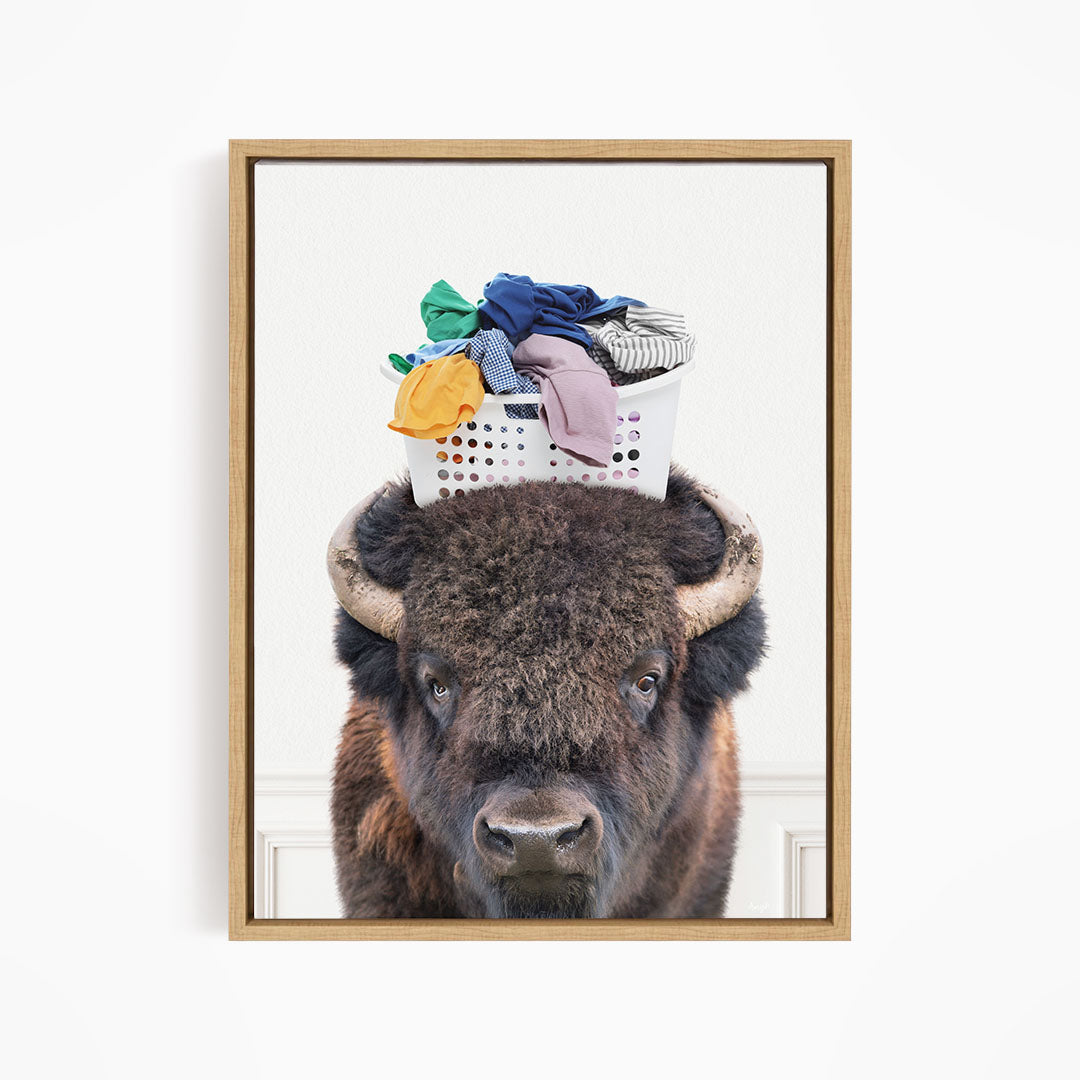 Bison with Laundry Basket - Simple White Wall