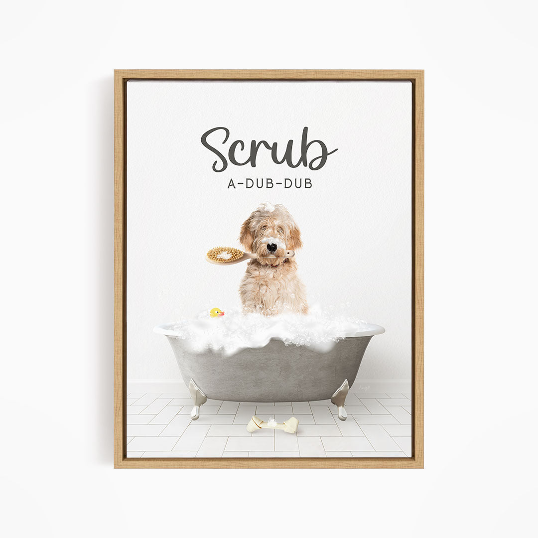 Blonde Labradoodle Scrub A-Dub-Dub in Simple Gray Bath