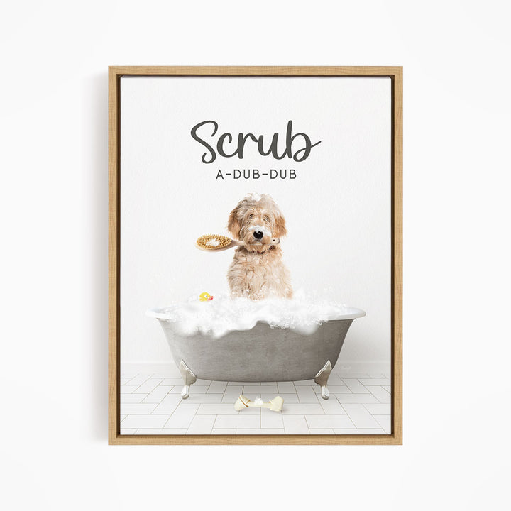 Blonde Labradoodle Scrub A-Dub-Dub in Simple Gray Bath
