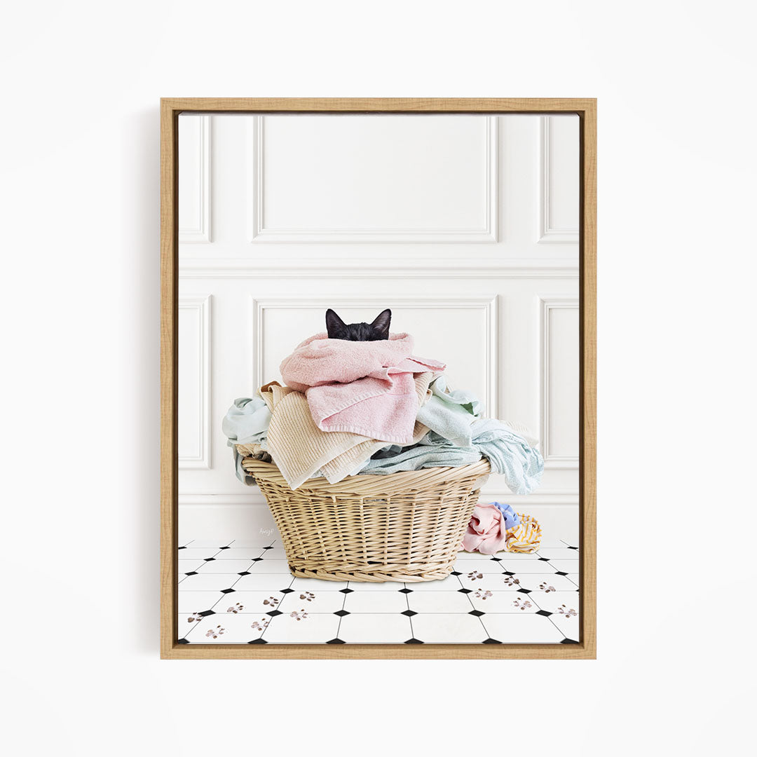 Dirty Kitty in Laundry Basket - Classic White Floor
