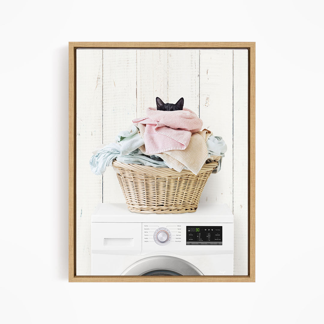 Dirty Kitty Cat in Laundry Basket on Washing Machine - Farmhouse Wall