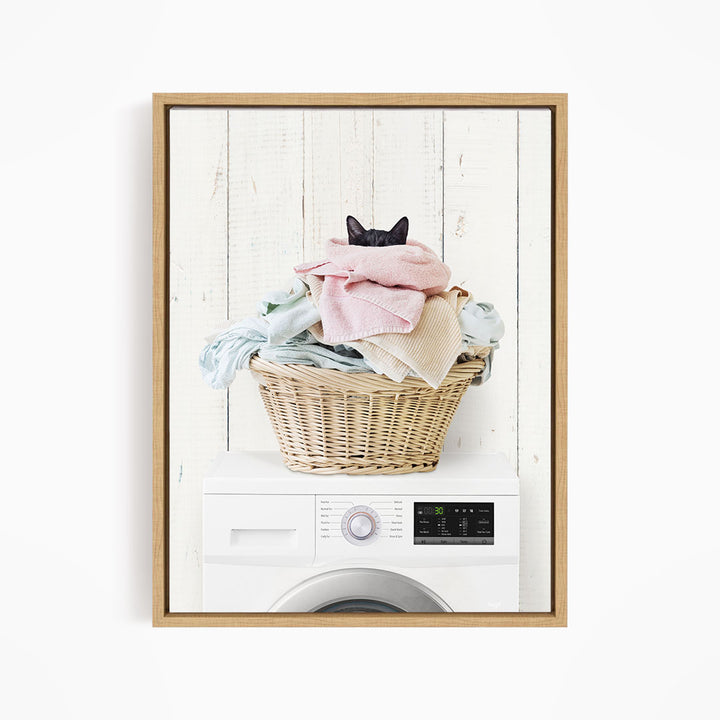 Dirty Kitty Cat in Laundry Basket on Washing Machine - Farmhouse Wall