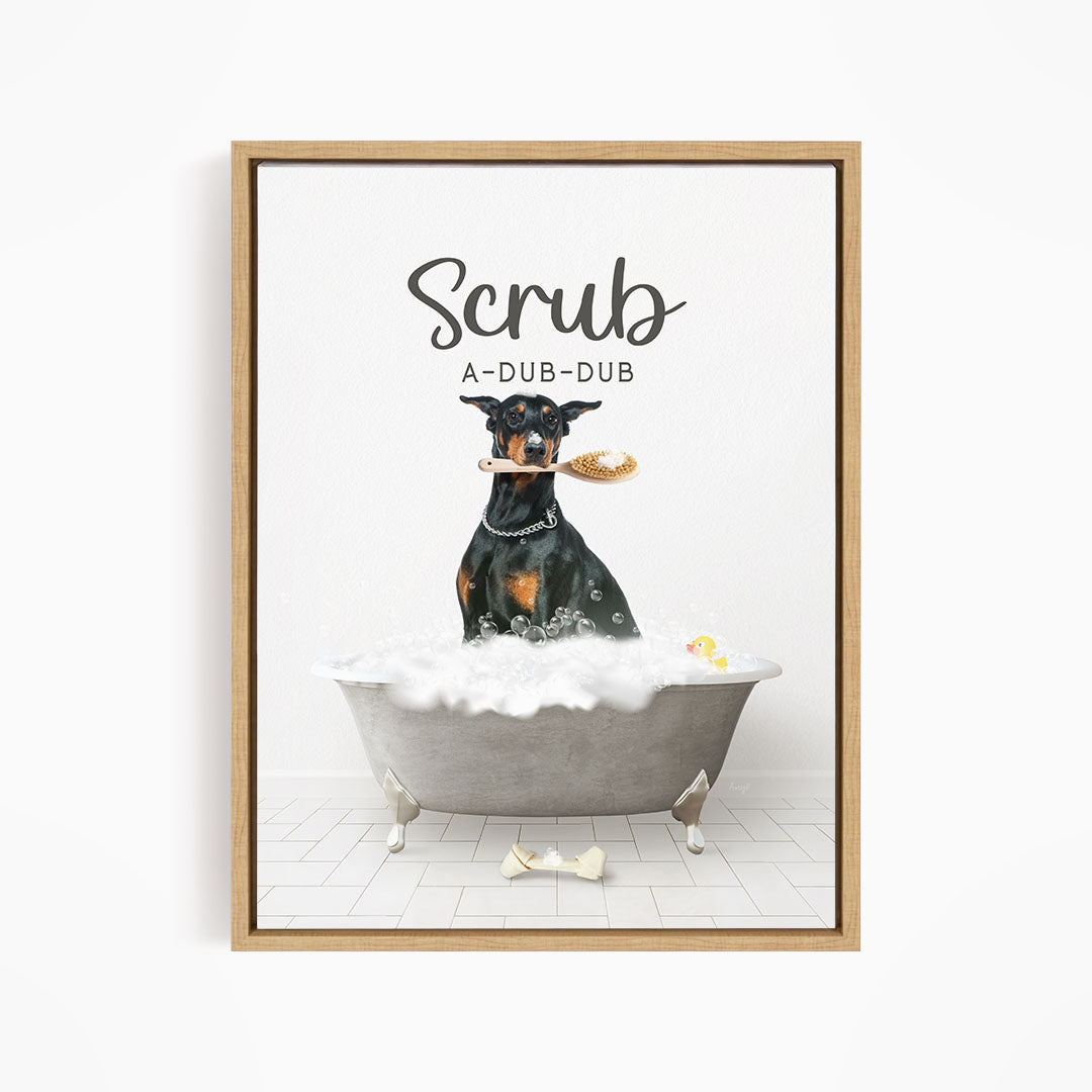 Doberman Pinscher Scrub A-Dub-Dub in Simple Gray Bath