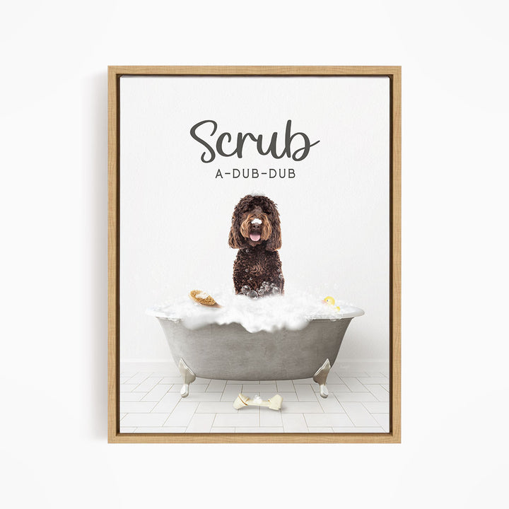 Chocolate Labradoodle Scrub A-Dub-Dub in Simple Gray Bath