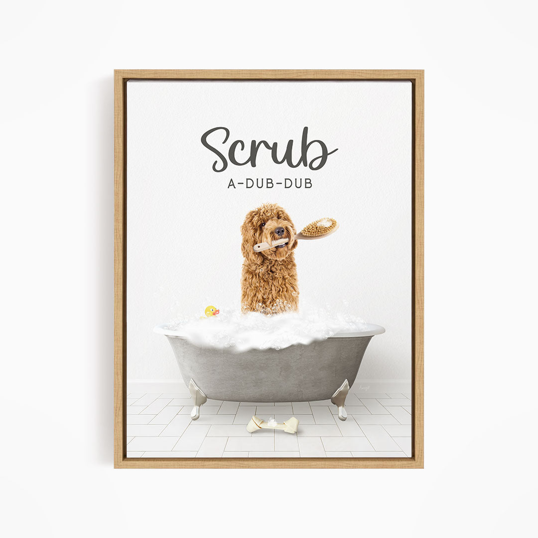 Golden Labradoodle Scrub A-Dub-Dub in Simple Gray Bath