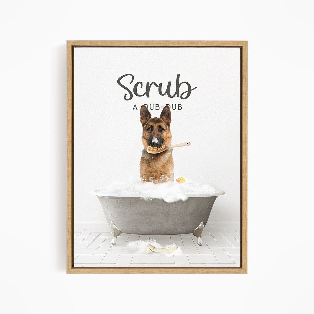 German Shepherd Scrub A-Dub-Dub in Simple Gray Bath
