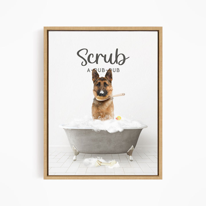 German Shepherd Scrub A-Dub-Dub in Simple Gray Bath