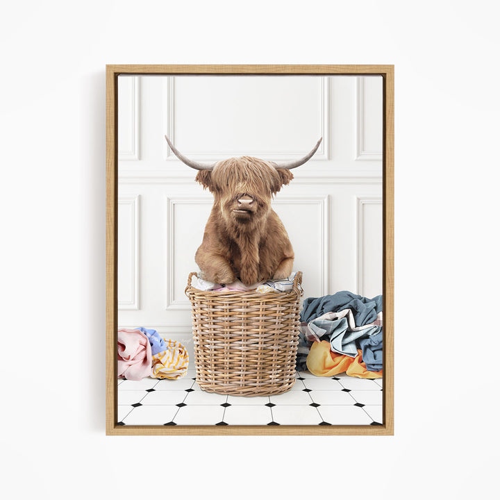 Highland Cow on Laundry Basket with Piles of Clothes - Classic White Floor