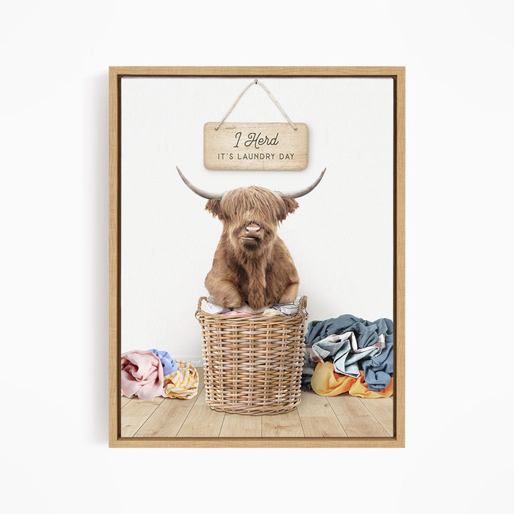 Highland Cow on Laundry Basket with Clothes Pile - Scandi Floor