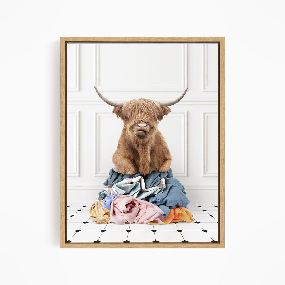 Highland Cow on Laundry Clothes Pile - Classic White Floor