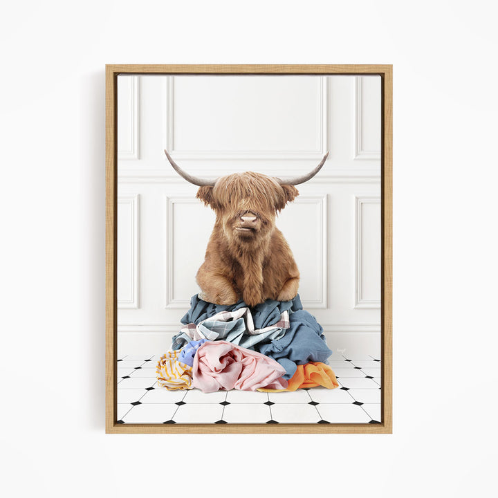 Highland Cow on Laundry Clothes Pile - Classic White Floor
