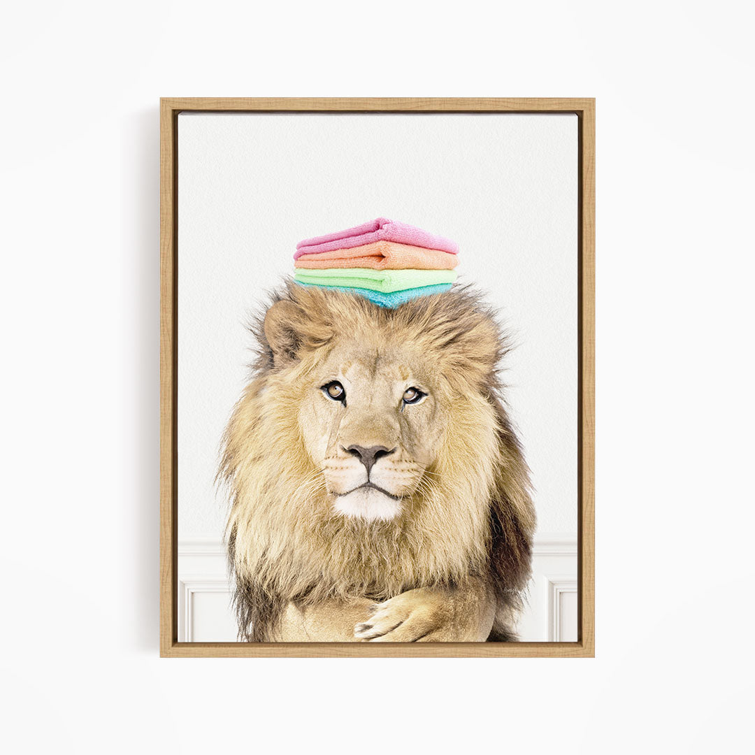 Lion with Folded Towels - Simple White Wall