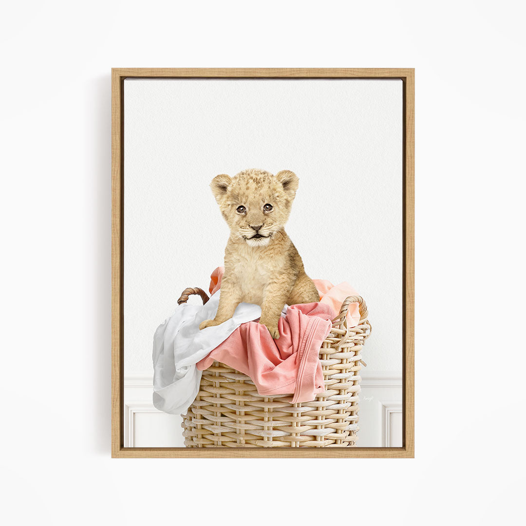 Lion Cub in Laundry Basket - Simple White Wall