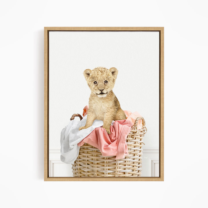 Lion Cub in Laundry Basket - Simple White Wall
