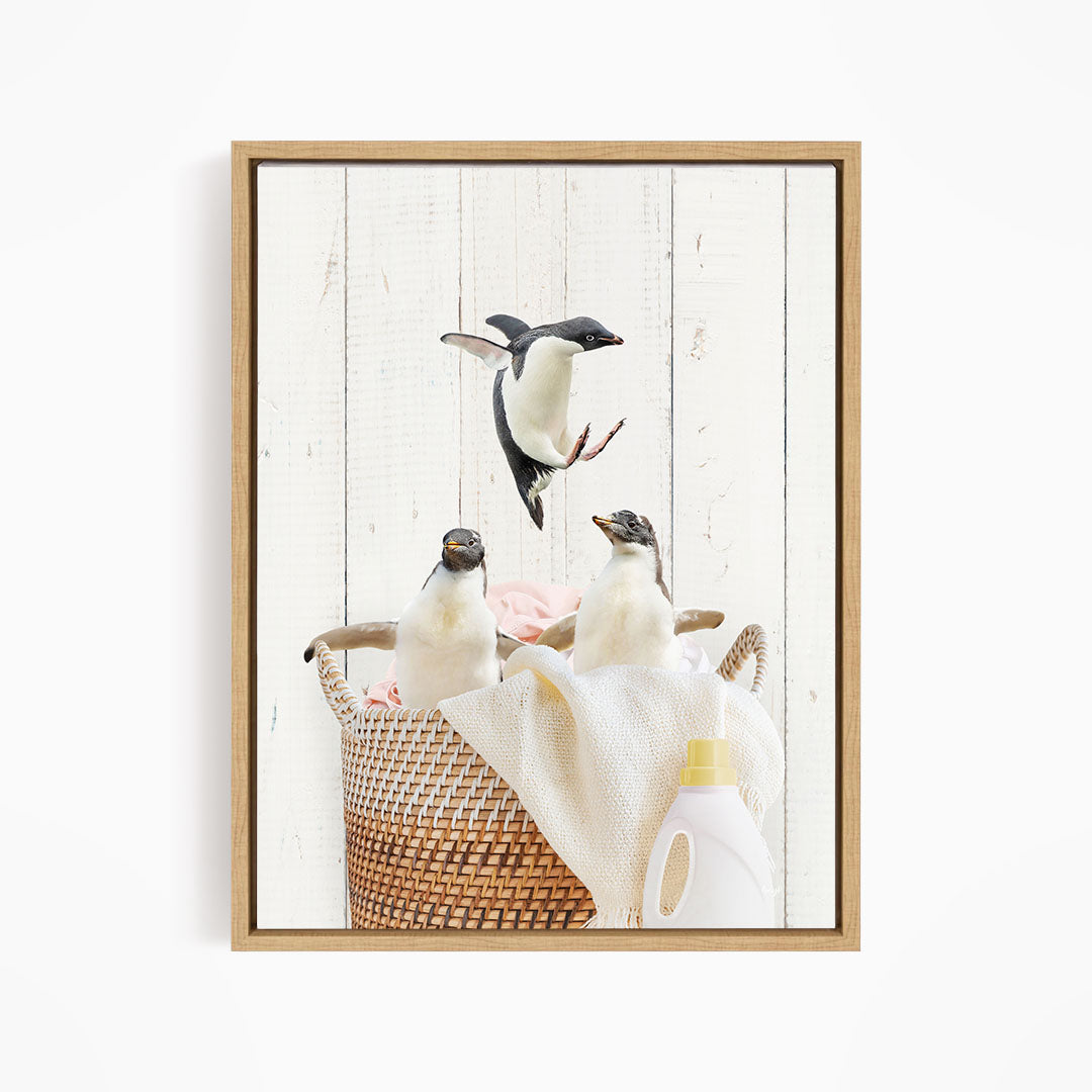 Penguins in Laundry Basket - Farmhouse Wall