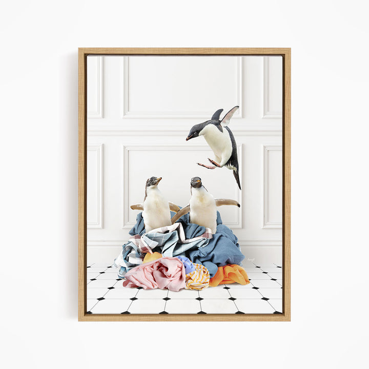 Penguins in Clothes Pile - Classic White Floor