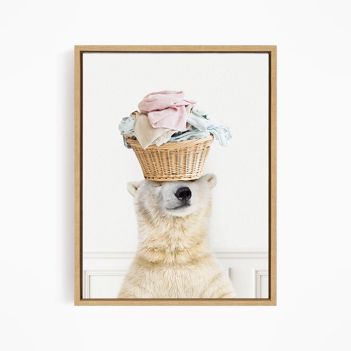Polar Bear Balancing Laundry Basket - Simple White Wall