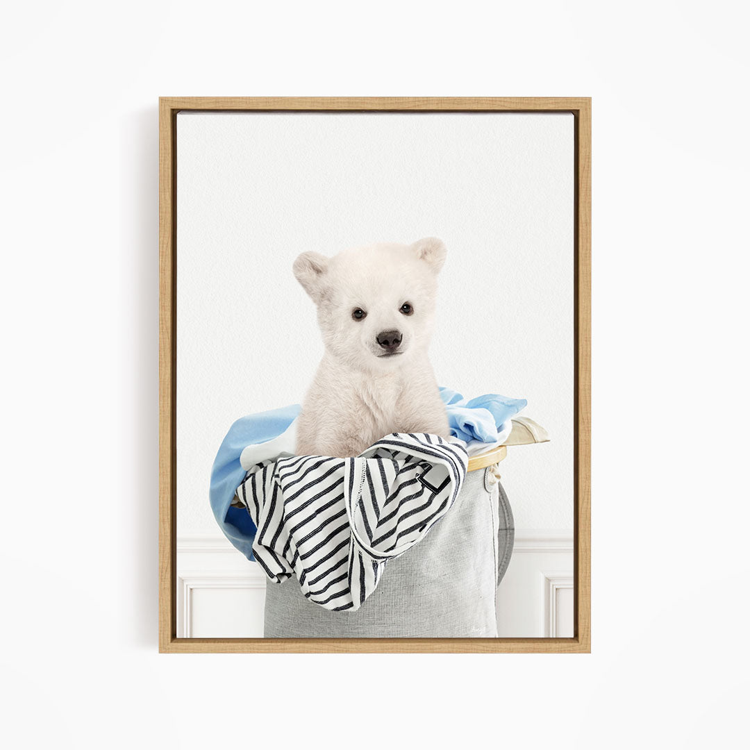 Polar Bear Cub in Laundry Basket - Simple White Wall