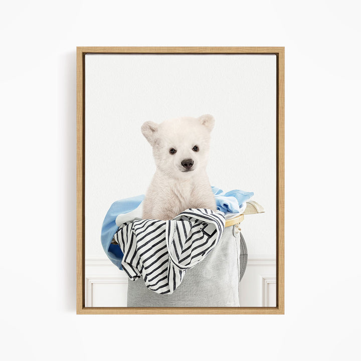 Polar Bear Cub in Laundry Basket - Simple White Wall