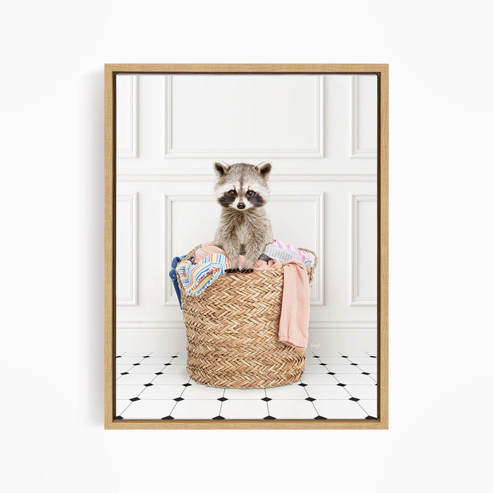 Raccoon in Laundry Basket - Classic White Floor