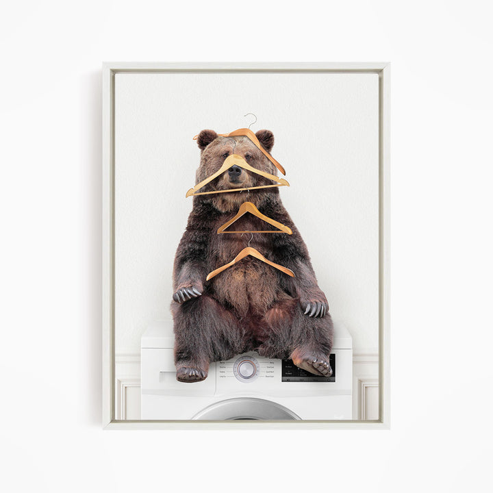 Bear Wearing Clothes Hangers on Washing Machine - Simple White Wall