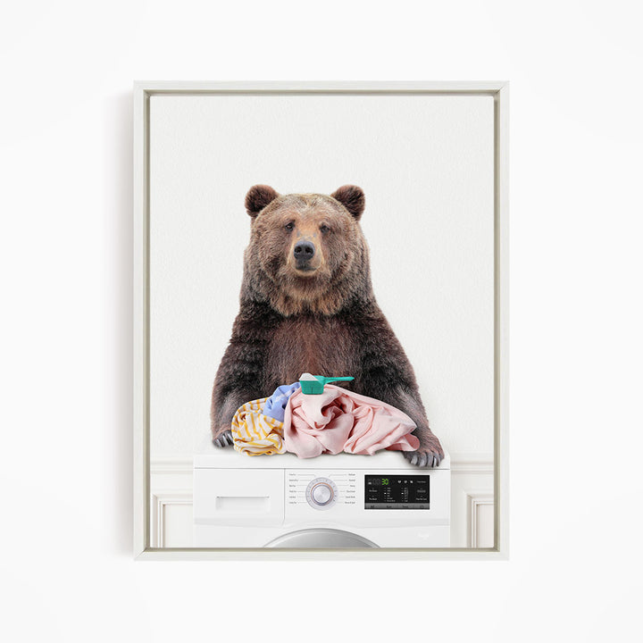 Bear and Snowshoe Hare Doing Laundry - Simple White Wall