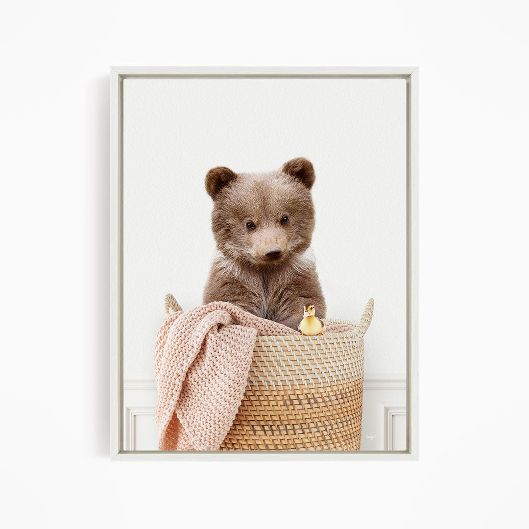 Bear Cub in Laundry Basket - Simple White Wall