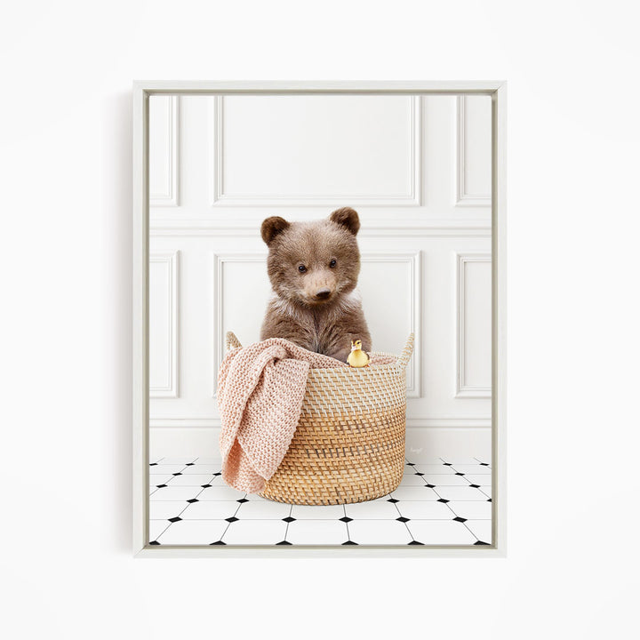 Bear Cub in Laundry Basket - Classic White Floor