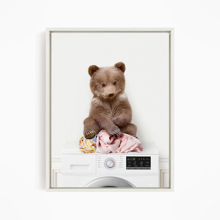 Bear Cub on Laundry Clothes Pile On Washing Machine - Simple White Wall