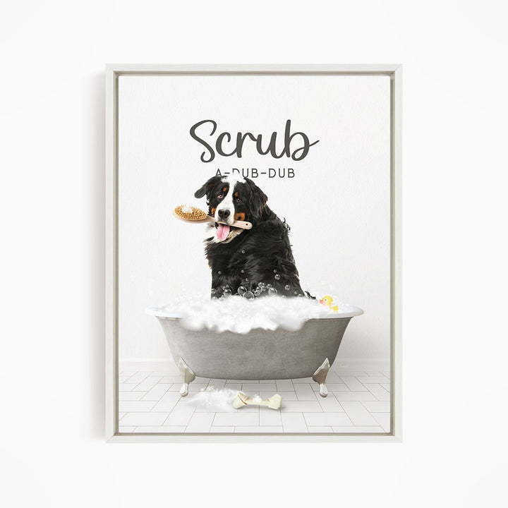 Bernese Mountain Dog Scrub A-Dub-Dub in Simple Gray Bath