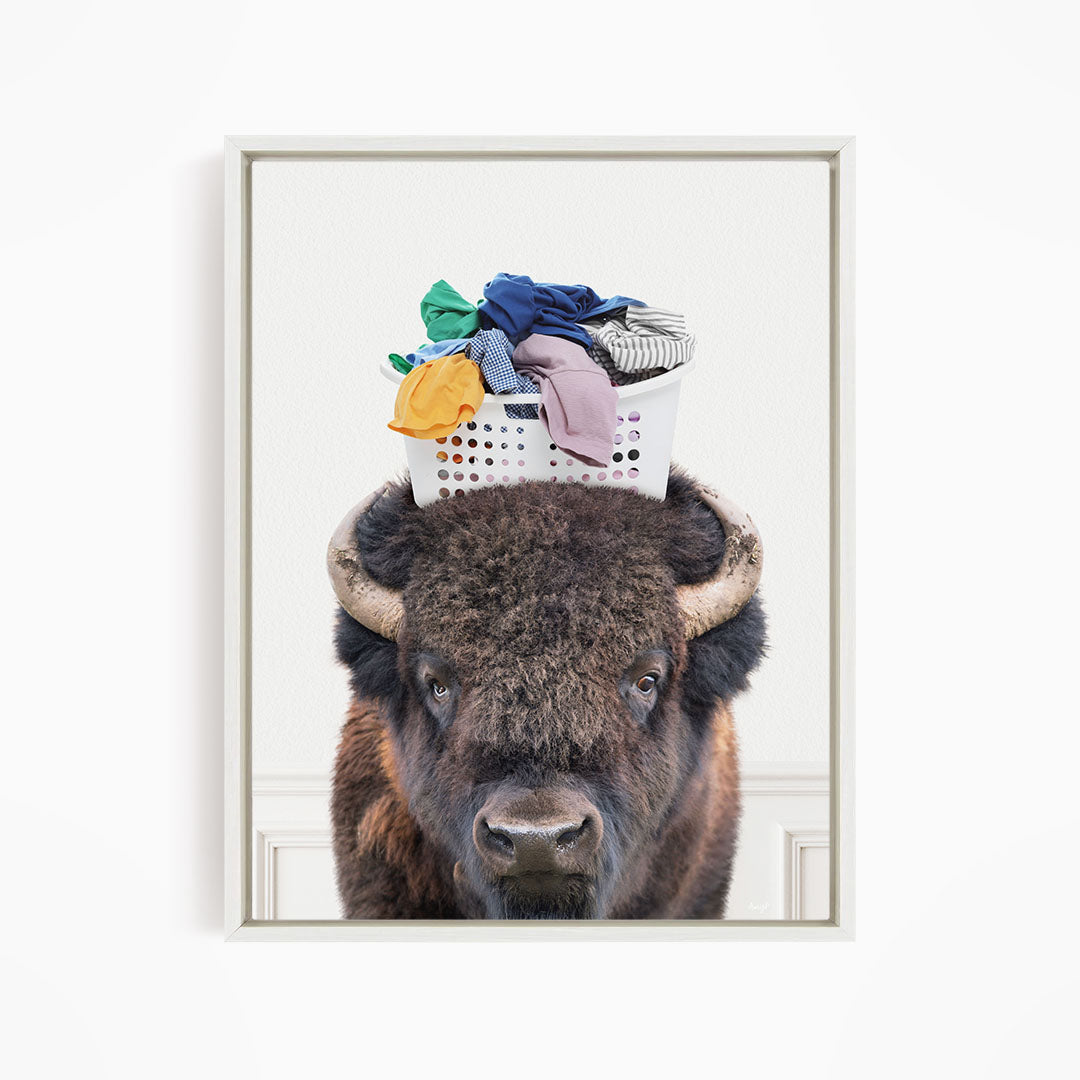 Bison with Laundry Basket - Simple White Wall