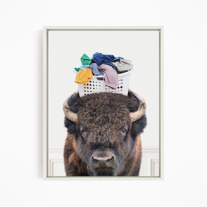 Bison with Laundry Basket - Simple White Wall