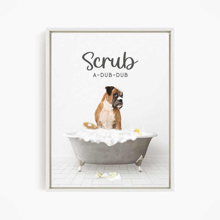 German Boxer Scrub A-Dub-Dub in Simple Gray Bath