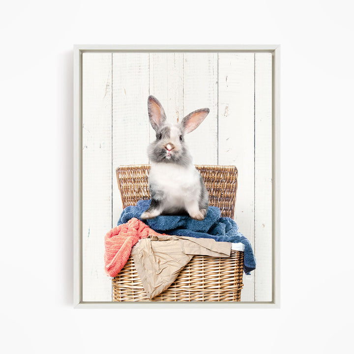 Gray and White Bunny in Laundry Basket - Farmhouse Wall