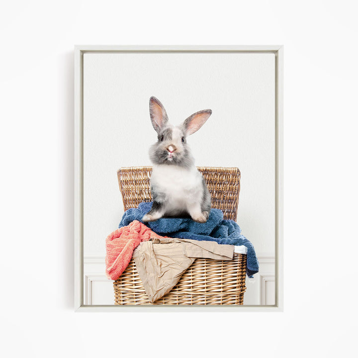 Gray and White Bunny in Laundry Basket - Simple White Wall