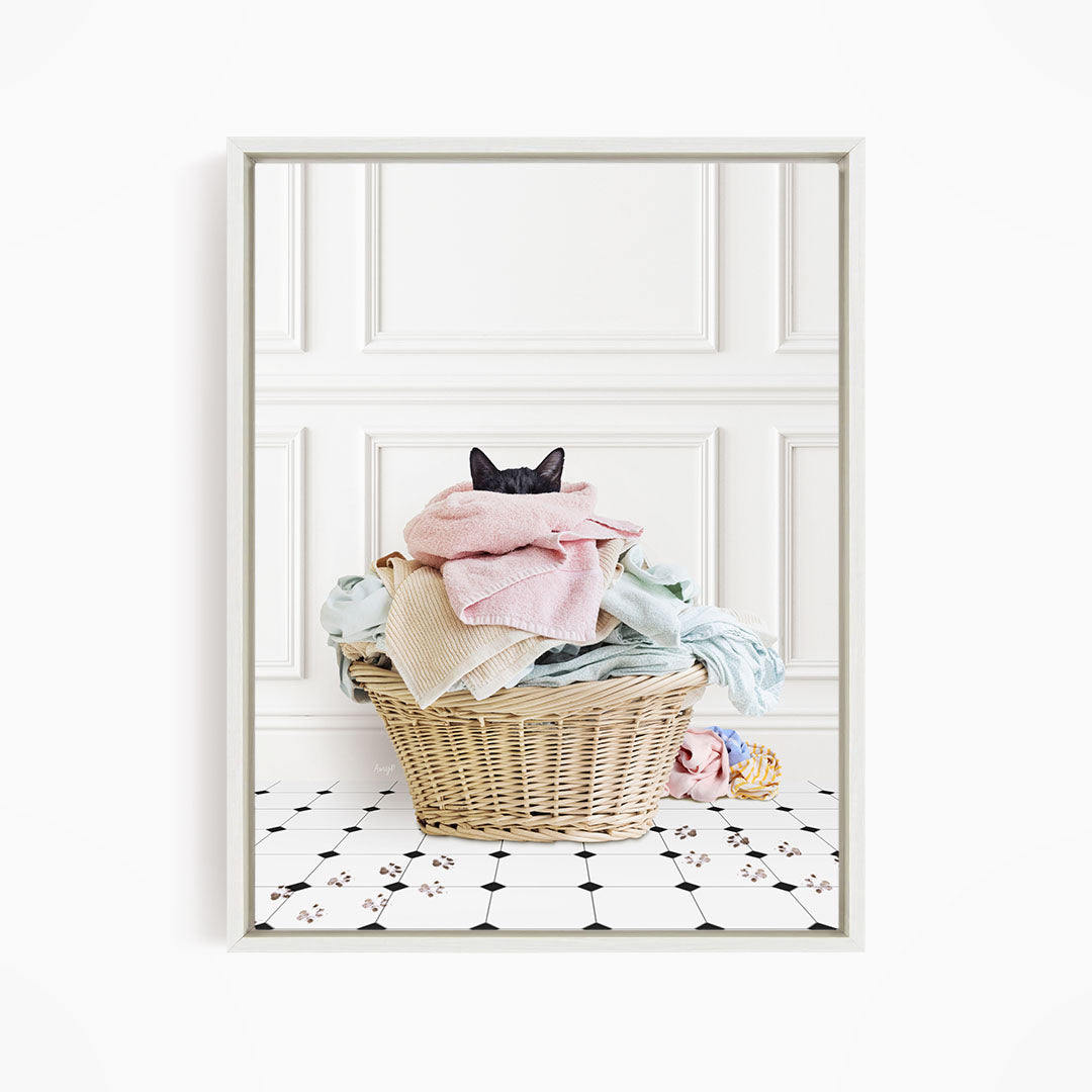 Dirty Kitty in Laundry Basket - Classic White Floor