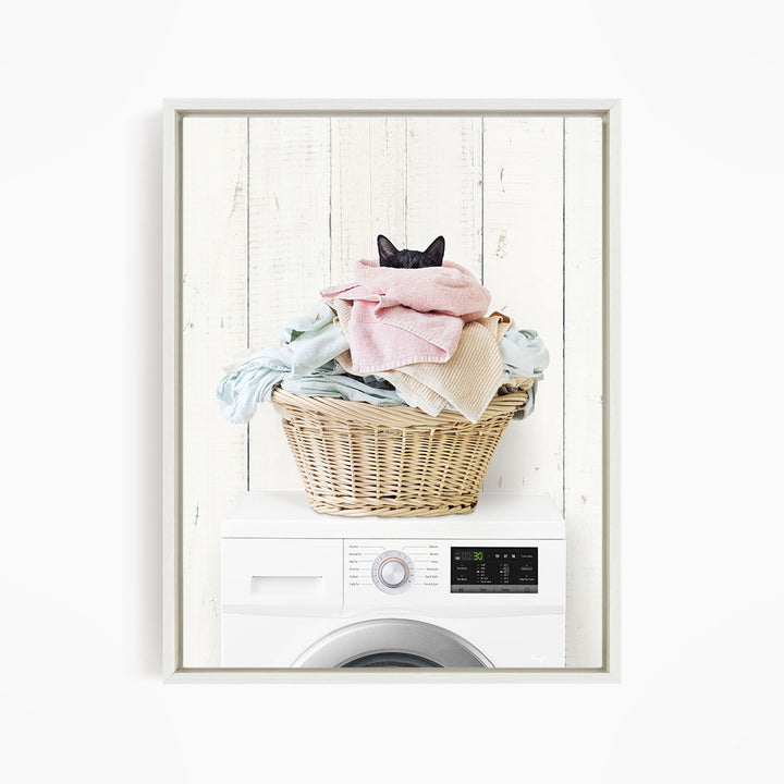 Dirty Kitty Cat in Laundry Basket on Washing Machine - Farmhouse Wall