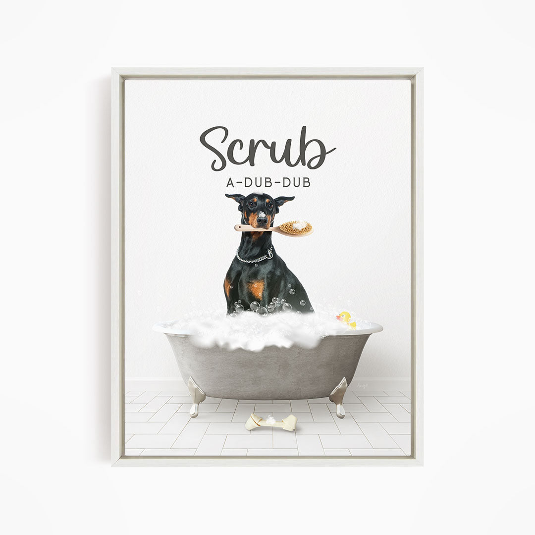 Doberman Pinscher Scrub A-Dub-Dub in Simple Gray Bath