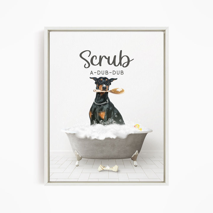 Doberman Pinscher Scrub A-Dub-Dub in Simple Gray Bath