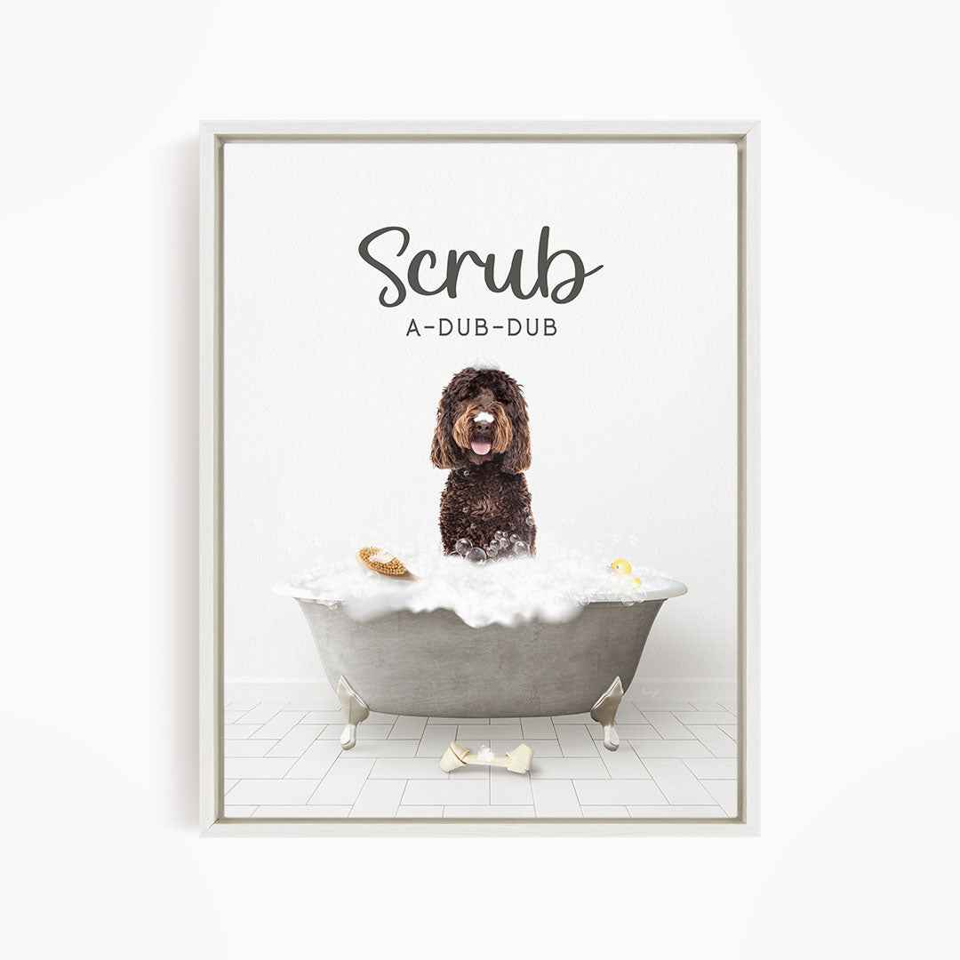 Chocolate Labradoodle Scrub A-Dub-Dub in Simple Gray Bath